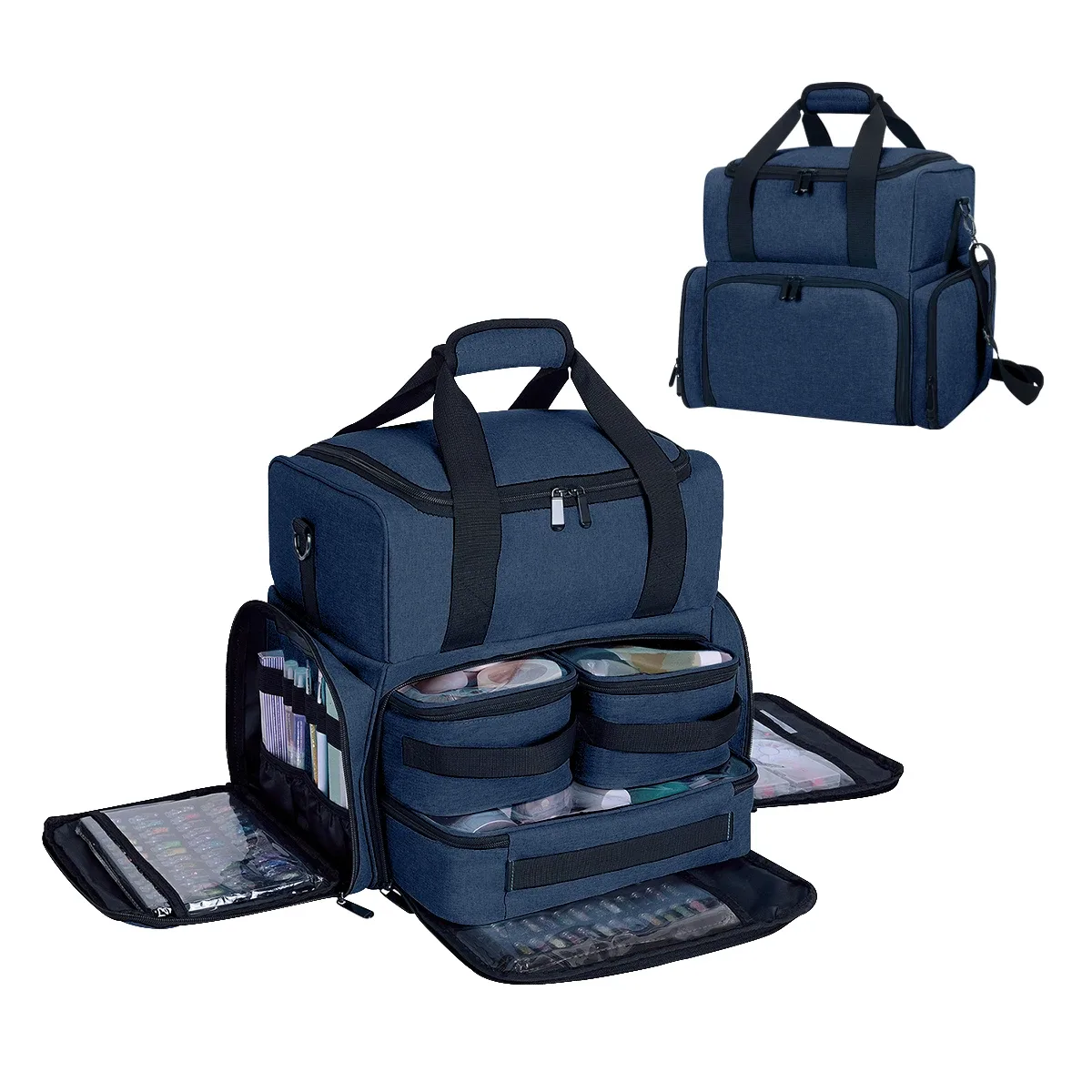 uozl trousse de maquillage double couche de grande capacité avec 3 pochettes amovibles et 2 compartiments amovibles avec bandoulière réglable