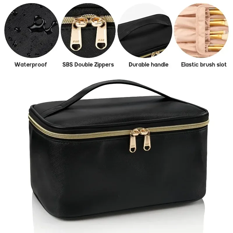 grande trousse de maquillage portable de grande capacité, organisateur de voyage pour femmes, trousse de toilette noire pour filles en voyage