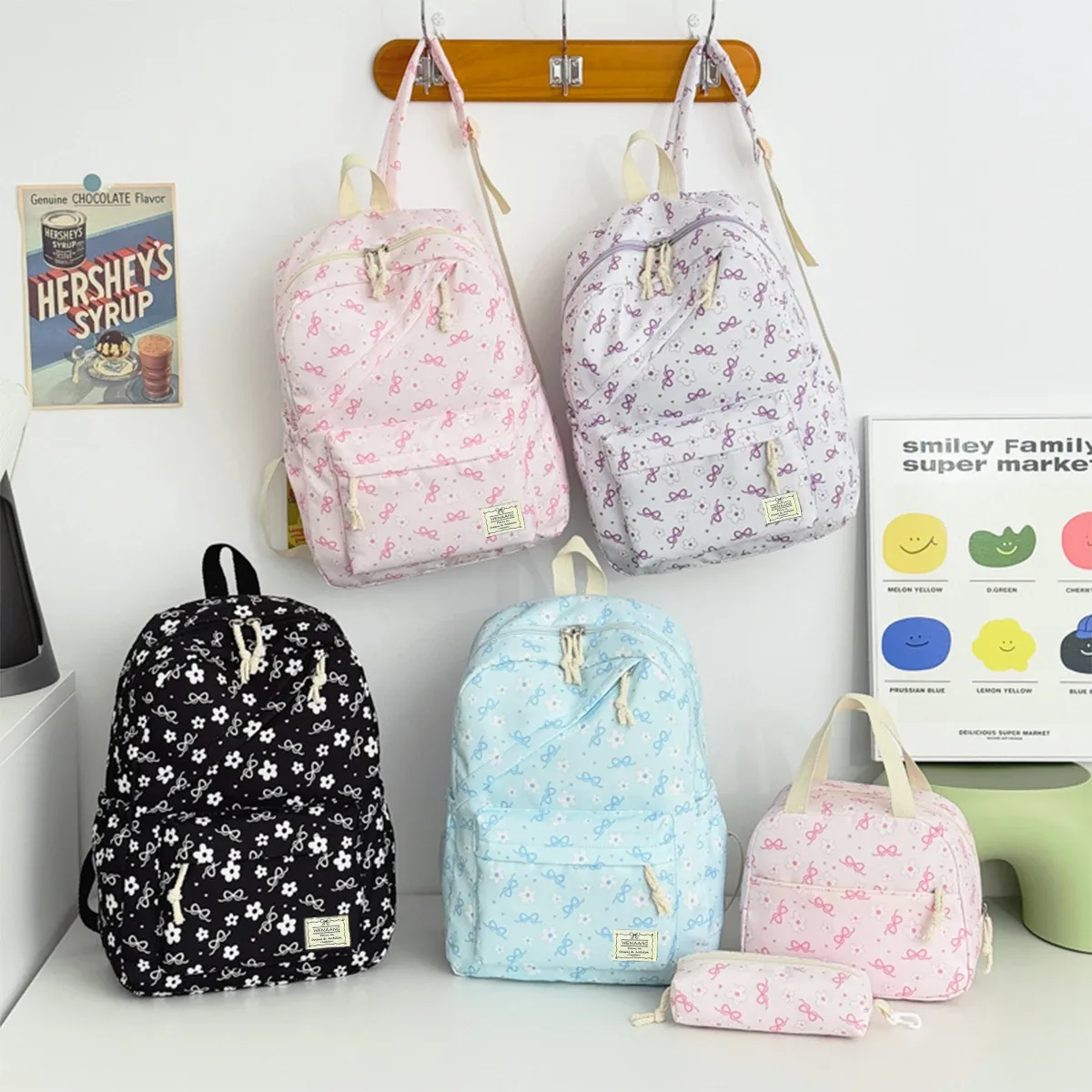 sac dos nylon nœuds fleurs roses blancs sacs école femmes accessoires trousse pochette voyager campus