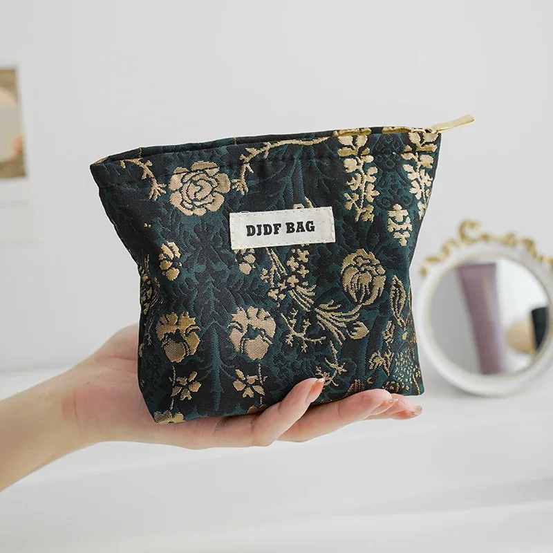 trousse de maquillage pour femmes, imprimé noble, fleurs dorées, grande capacité, rouge à lèvres, coussin d'air, sac de rangement, trousse de toilette de voyage portable