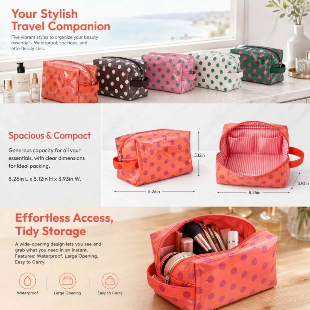 trousse cosmétique pvc imperméable pois bleus fond rose pâle compacte voyage maquillage toile oxford