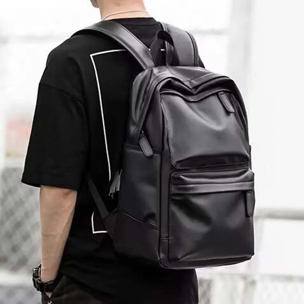 sac à dos en cuir pvc pour hommes, bandoulière rembourrée, résistant à l'eau, sac d'école pour ordinateur portable, finition noire, compartiment pour ordinateur portable
