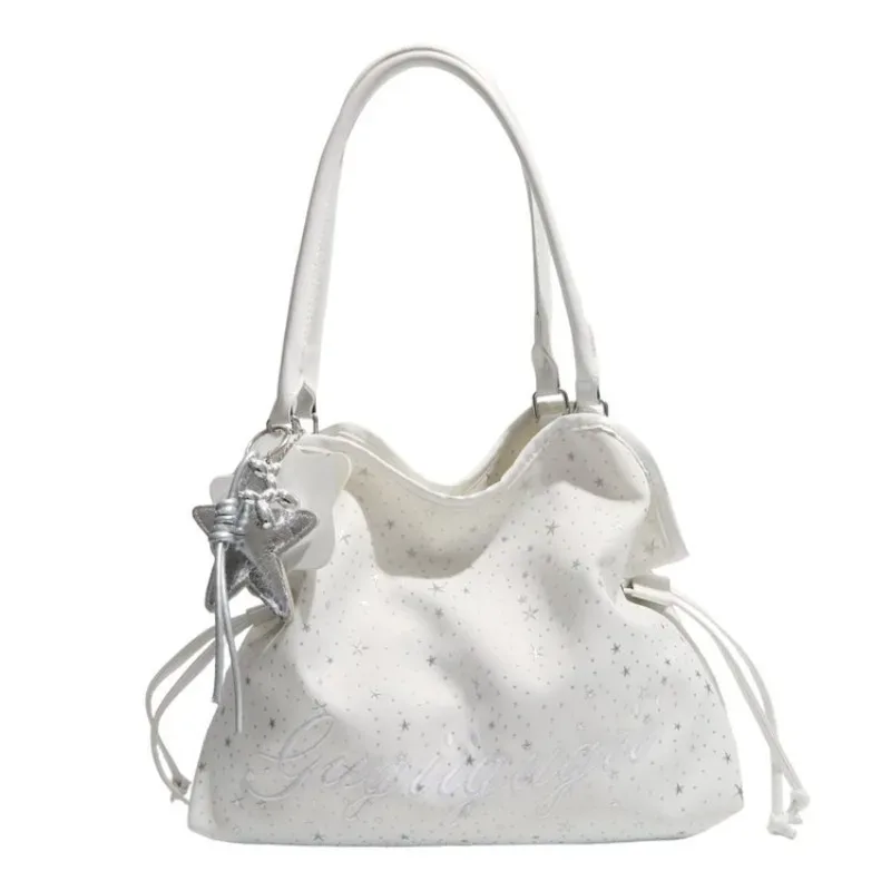 ceekay sac fourre-tout grande taille en pu imprimé étoiles argentées avec pendentif étoile, cordon de serrage latéral et poignée large, sac à bandoulière décontracté