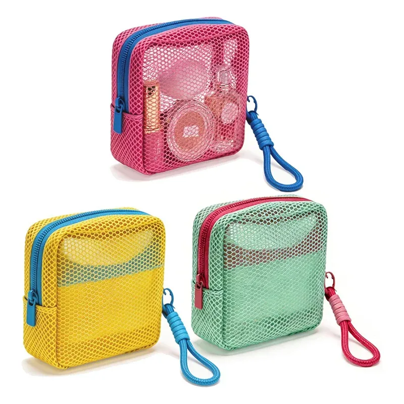 mini sac de maquillage en maille avec design dopamine perspective, sac de rangement pour crème solaire, clés, câbles, avec sangle de poignet amovible