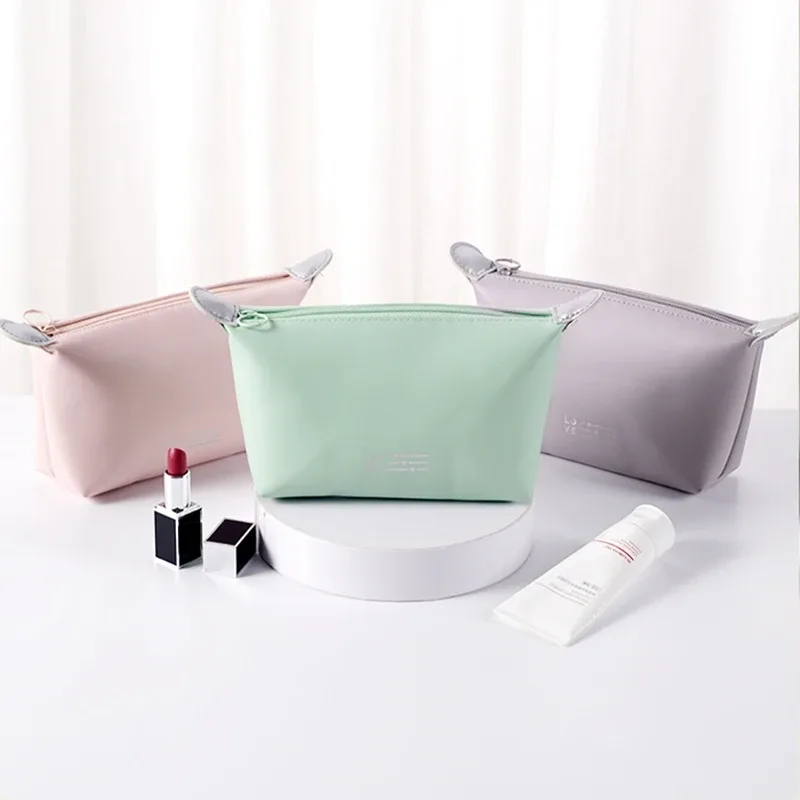trousse pu leather solid color zip cosmétique vert pastel rose pâle gris perle petite pochette rectangulaire voyage beauté maquillage