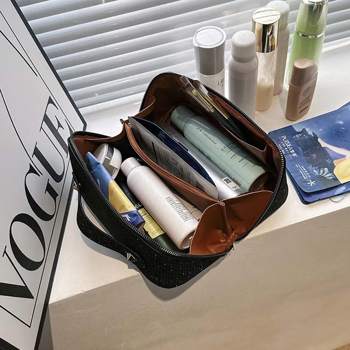 sacs à cosmétiques imperméables, nouveau sac de rangement pour flash fin de grande capacité, conçu pour les déplacements et les voyages, articles de toilette en cuir pu, vente en gros