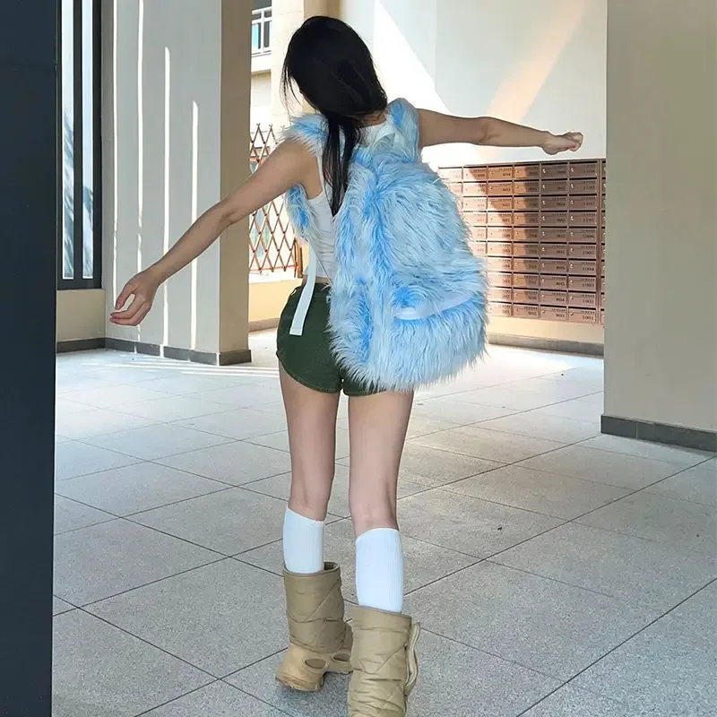 sac à dos en peluche blanc et bleu pour homme et femme, monstre de neige, glace, mode populaire, street hip hop, y2k, outdoor