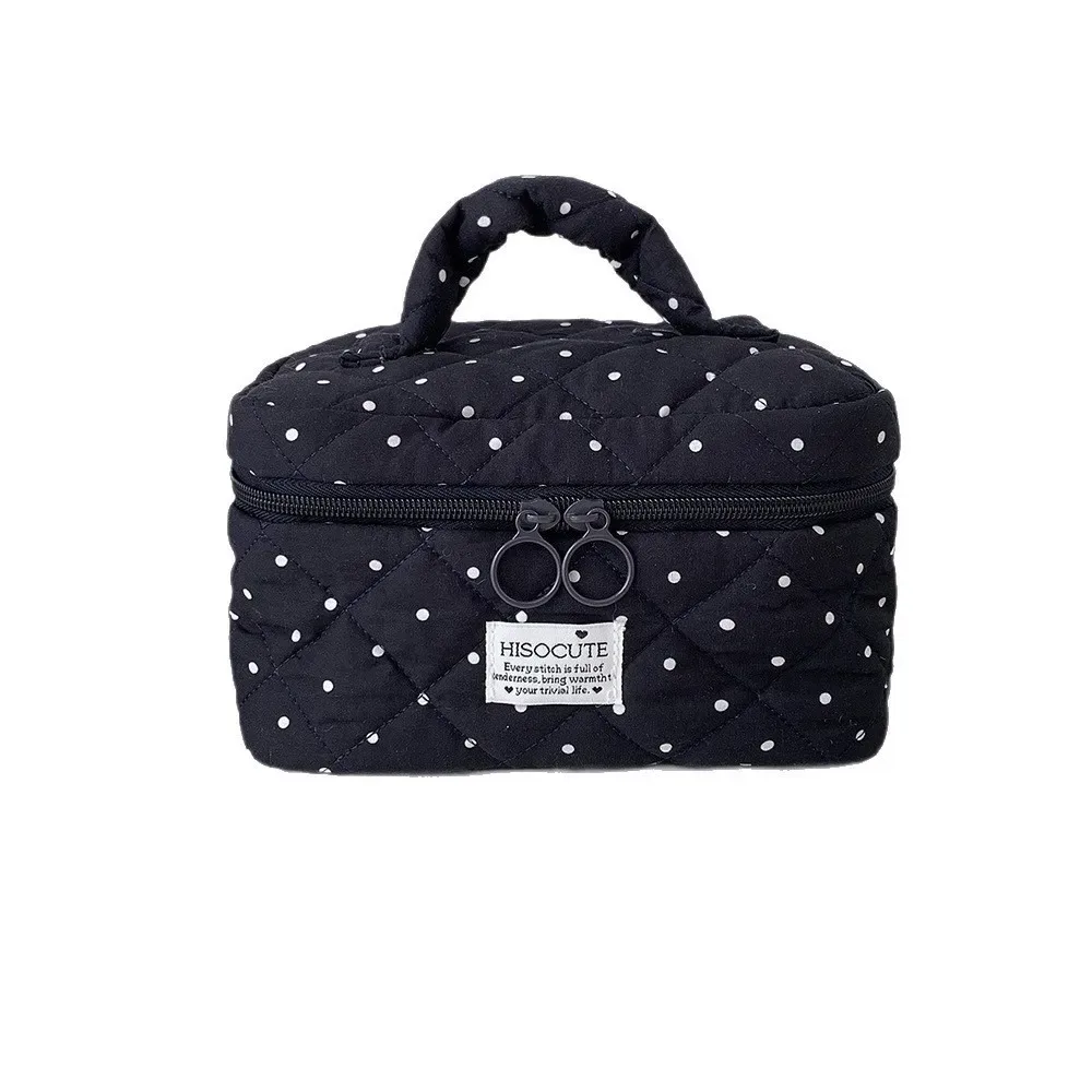 sac de maquillage matelassé à motif à pois kawaii, grande capacité avec poignée, organisateur de toilette de voyage, sac de rangement polyvalent pour femmes