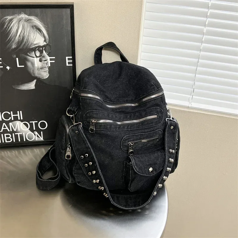 nouveau sac à dos en jean vintage 2026, sac moto multi-poches pour femme, sac à bandoulière au design original, sac d'école décontracté, sac à dos de voyage