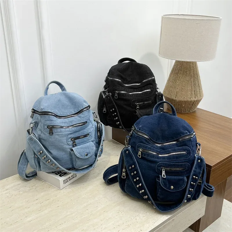 nouveau sac à dos en jean vintage 2026, sac moto multi-poches pour femme, sac à bandoulière au design original, sac d'école décontracté, sac à dos de voyage