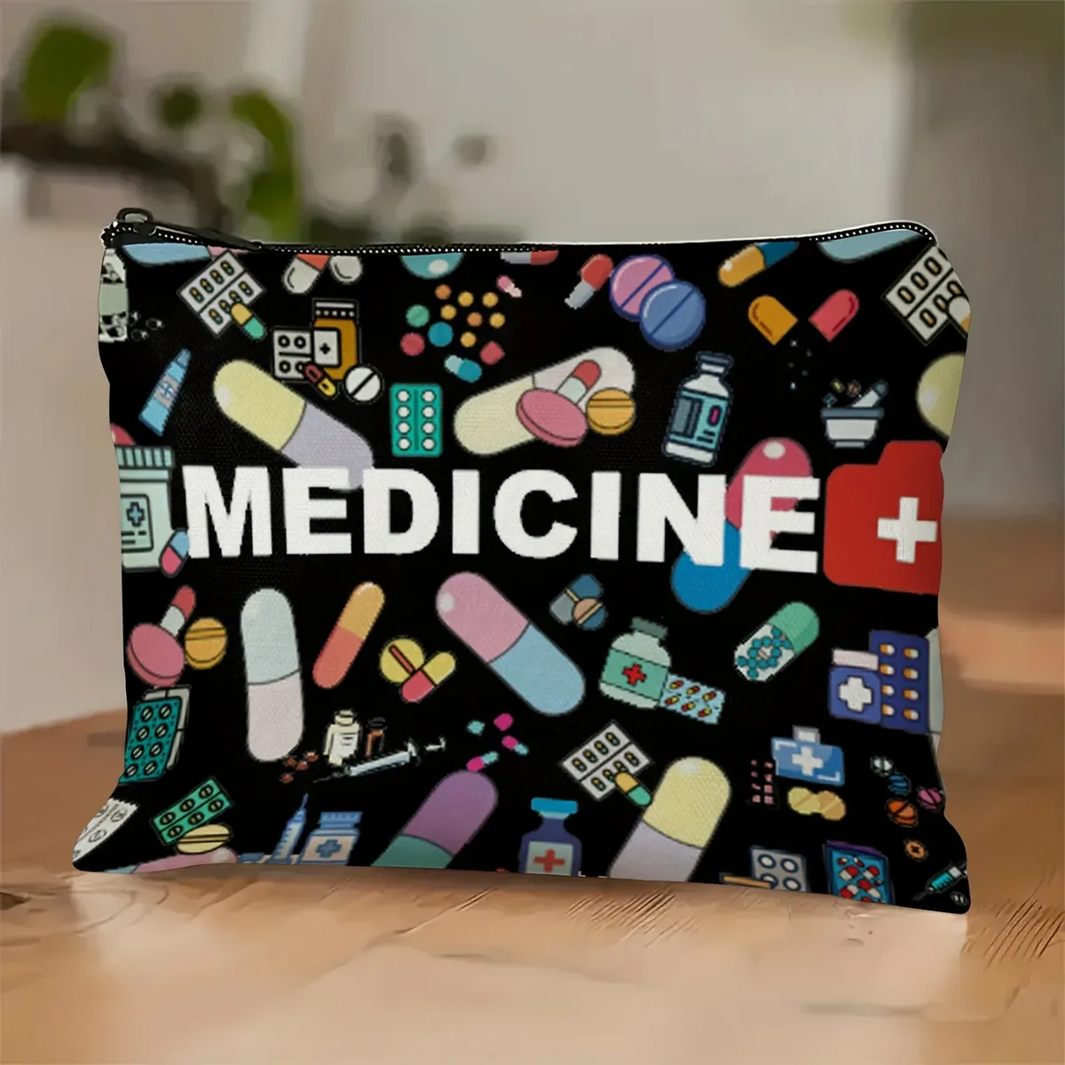 sac de rangement de pilules multifonctionnel, sac de rangement de médicaments à fermeture éclair de voyage avec les idées essentielles des allergies et de l'asthme, icônes colorées sur sac noir
