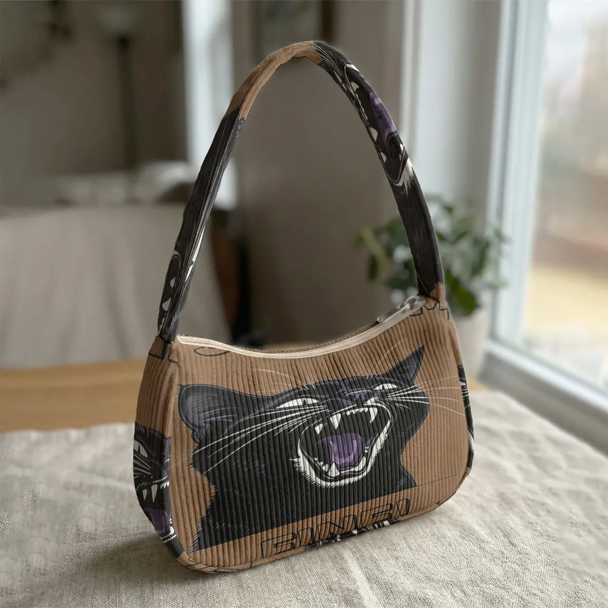 sac à bandoulière tendance imprimé chat noir en colère, sac sous le bras en velours côtelé pour un usage quotidien décontracté