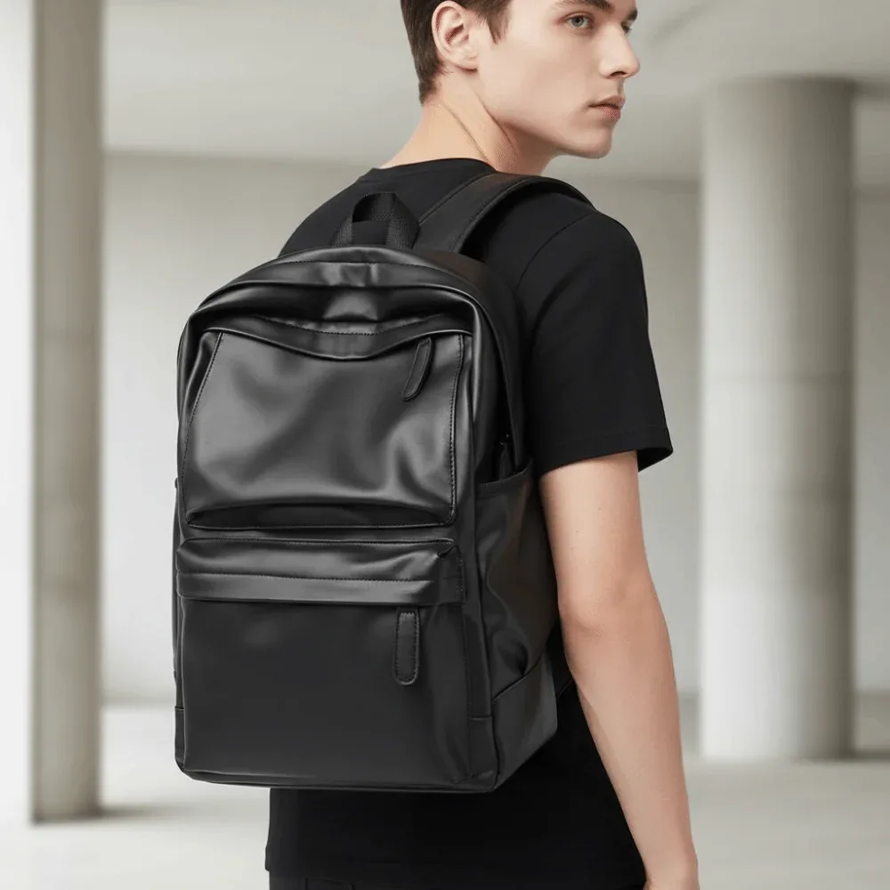 sac à dos en cuir pvc pour hommes, bandoulière rembourrée, résistant à l'eau, sac d'école pour ordinateur portable, finition noire, compartiment pour ordinateur portable