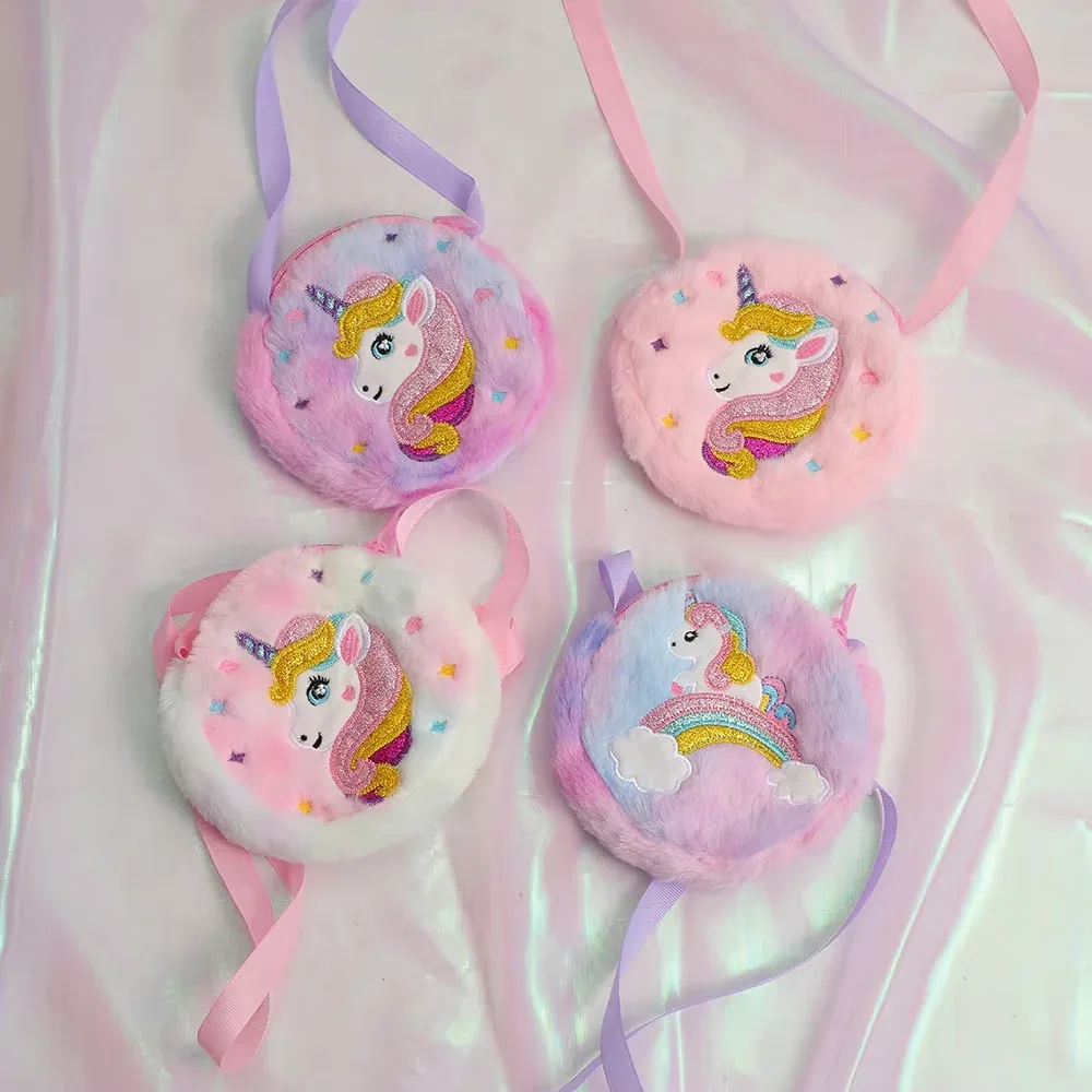 sac à bandoulière licorne de dessin animé pour enfants, 2 pièces, joli sac à bandoulière en peluche pour filles, petit sac à dos adapté aux cadeaux de vacances scolaires