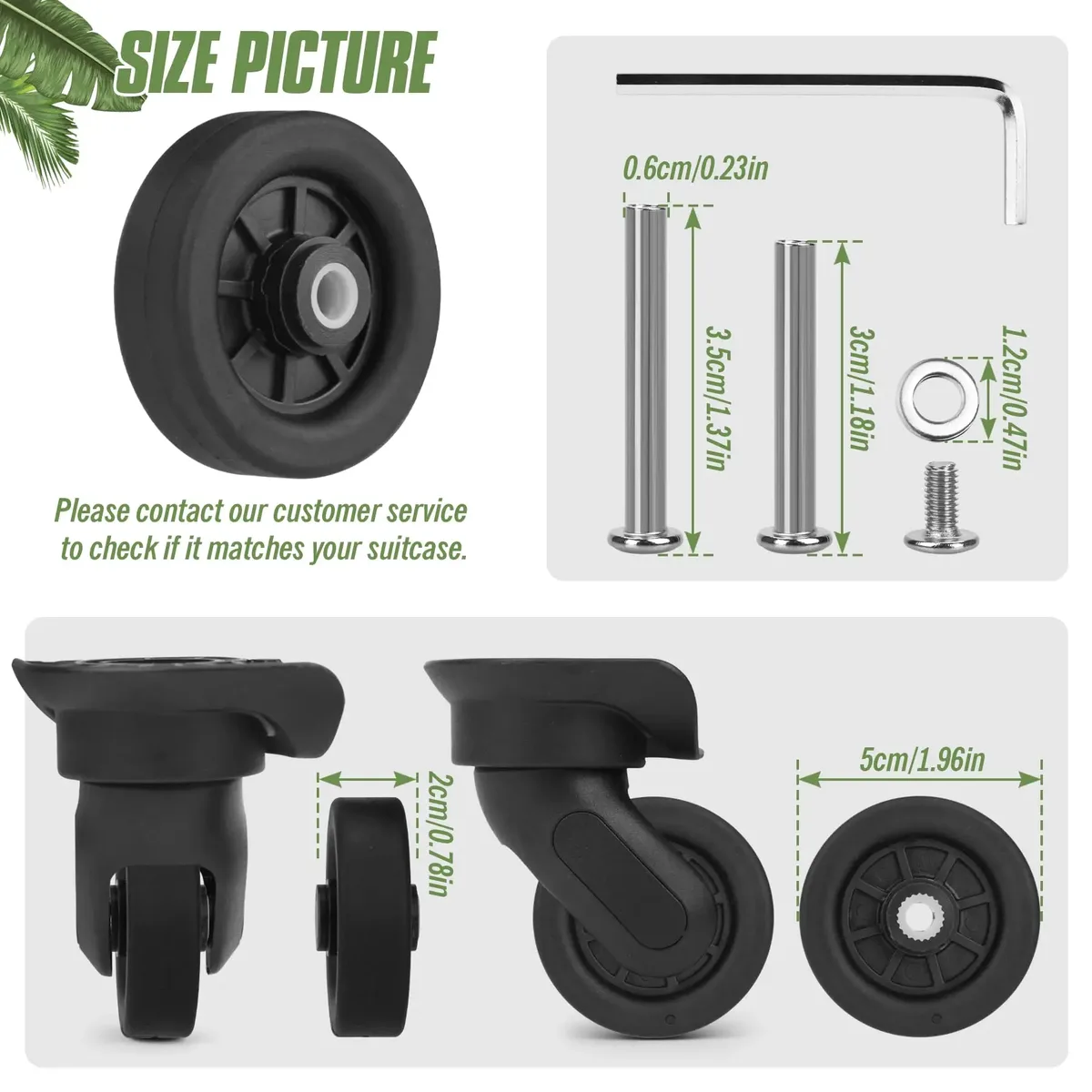 4 roues de remplacement noires pour valise, avec vis, silencieuses, pour chariot de voyage, axe de 5 cm