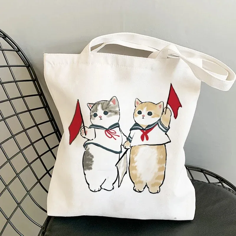 sac kawaii sac blanc sacs porté épaule sacs à provisions sacs à bandoulière en toile pour filles, sac de shopping à la mode, kawaii chats animaux mignons, sac de shopping, fourre-tout décontracté