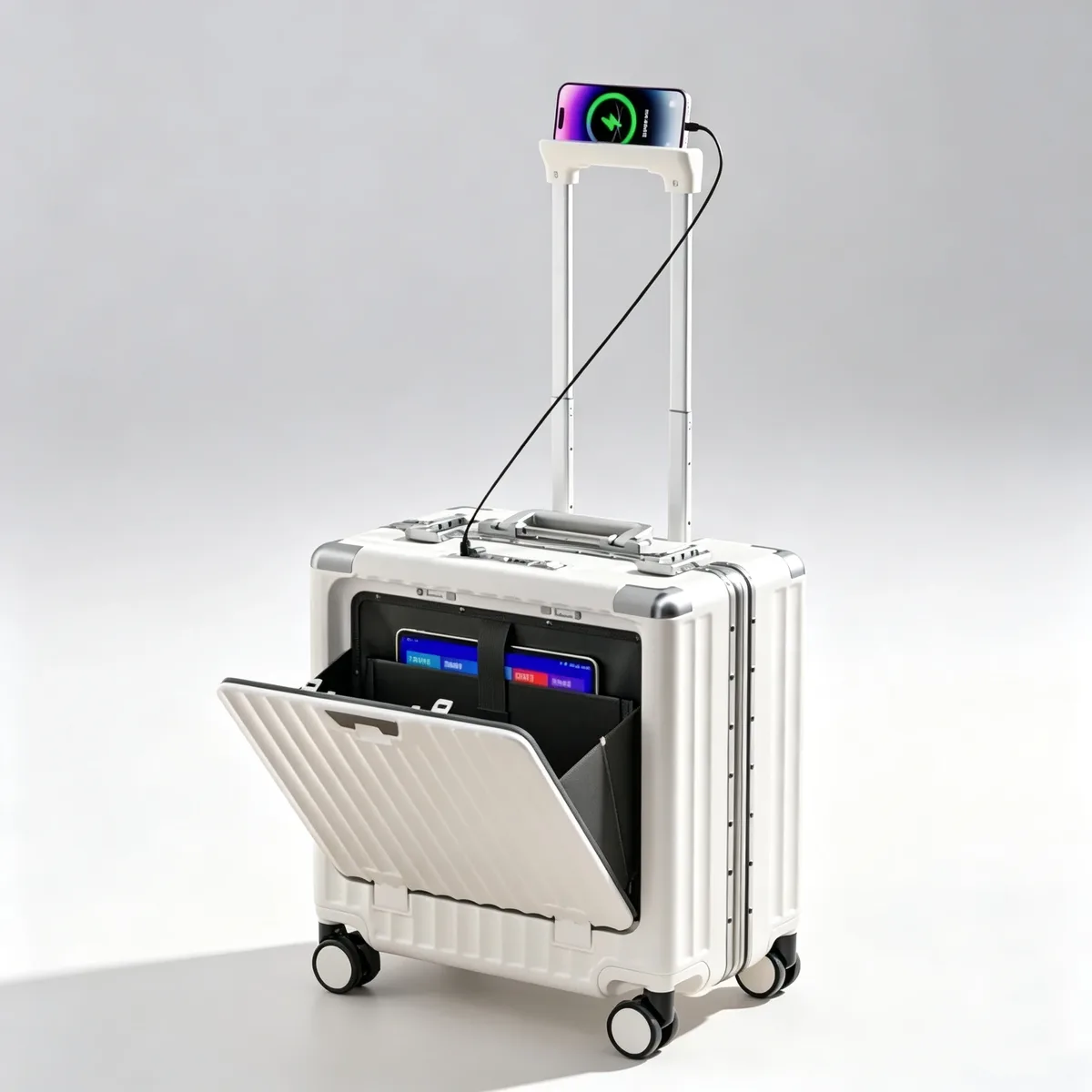 valise à ouverture frontale 18 pouces, bagage à main pour femme, valise à roulettes, coque rigide en pc avec cadre en aluminium, serrure tsa