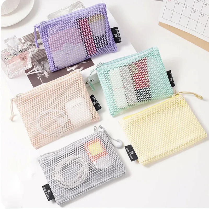 sacs à cosmétiques transparents en maille, petit sac de maquillage transparent et mignon, étui de rangement de toilette de voyage portable, pochette de rangement de rouge à lèvres