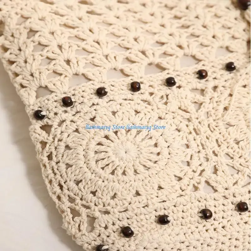 sac voyage polyester coton tricoté beige motifs floraux perles noires bandoulière femme plage activités plein air polyvalent