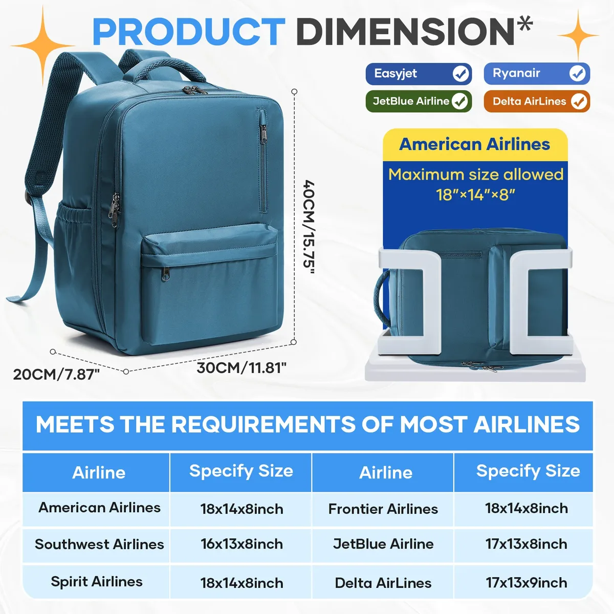 wizzair ryanair 40x30x20 sac de cabine bagages à main sac à dos hommes femmes 15.6 pouces sacs pour ordinateur portable, sac de rangement pour vêtements, sac à dos d'école