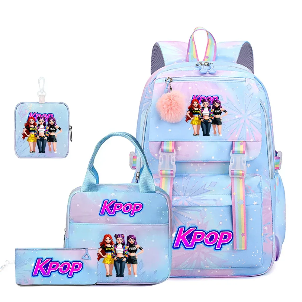 sac dos polyester rose motifs personnages kpop étoiles bandes arc ciel pochette stylos trousse maquillage sac main ensemble scolaire