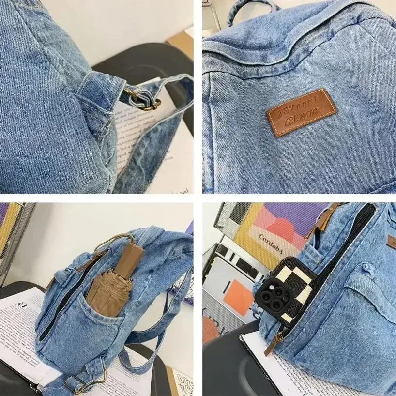 sac dos jean bleu denim poignée supérieure fermeture éclair compartiment intérieur usage étudiant voyage