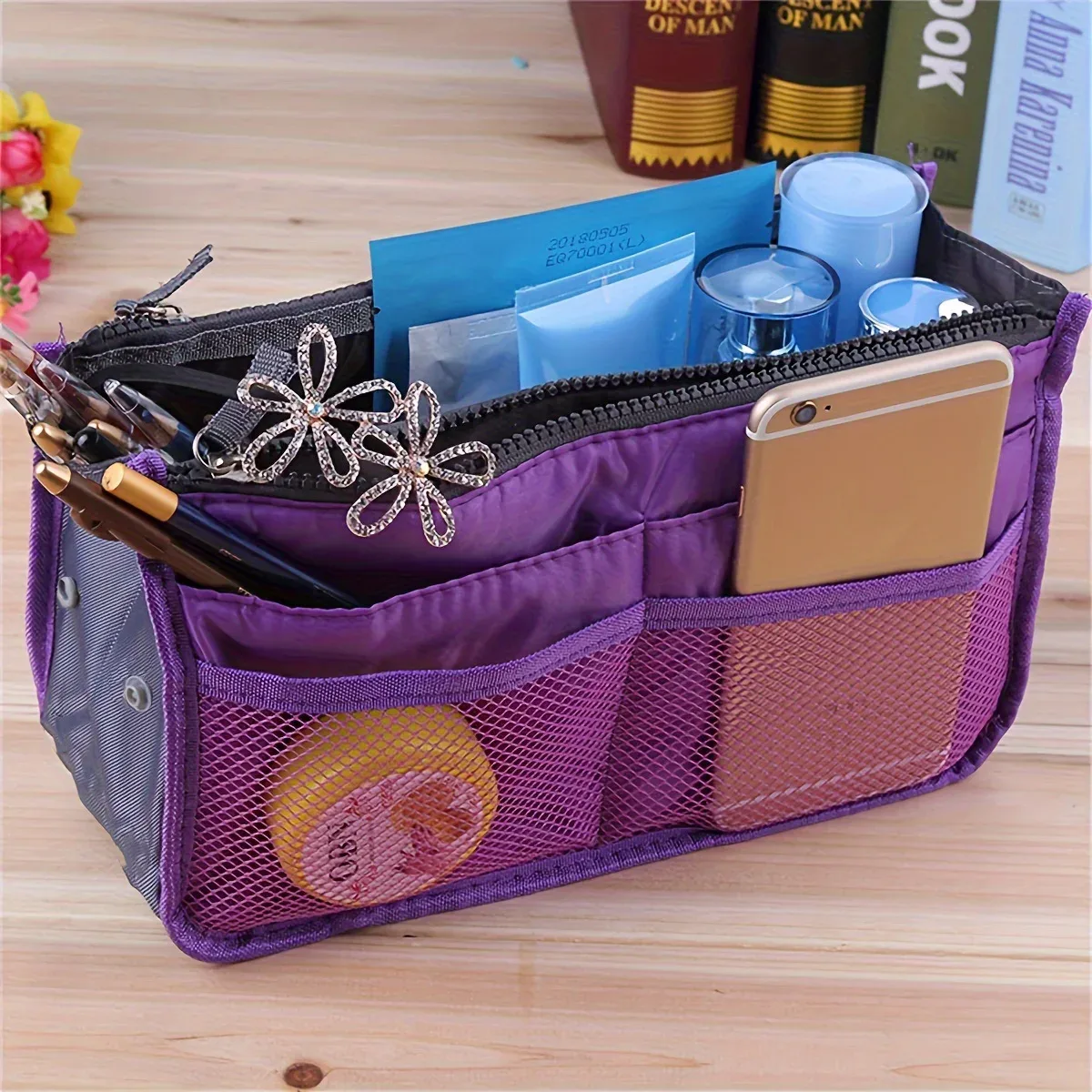 sac de rangement cosmétique pour femme, organiseur de voyage en nylon, sac à main pliable grande capacité, sac de rangement intérieur, pochette de maquillage