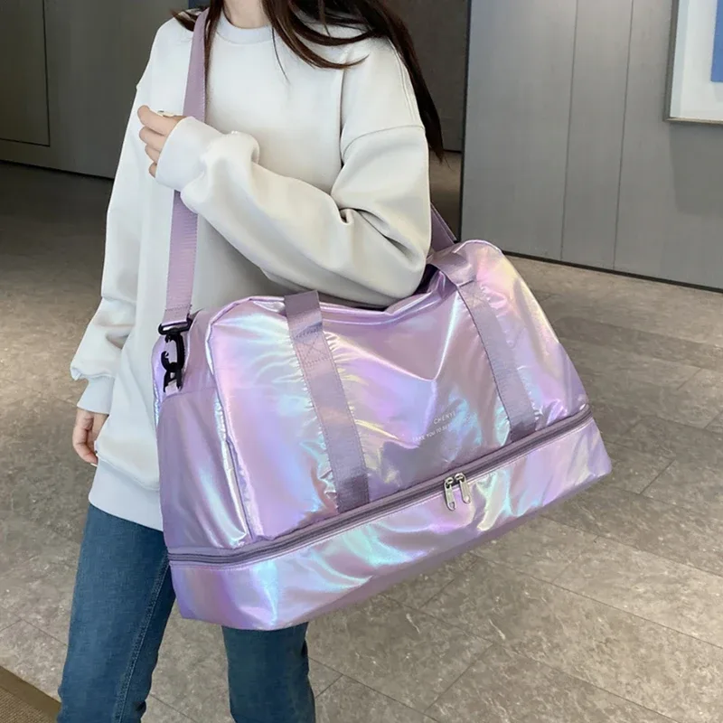 sac polochon de voyage holographique de grande capacité, fourre-tout léger en nylon pour week-end, pour sport, voyages de nuit