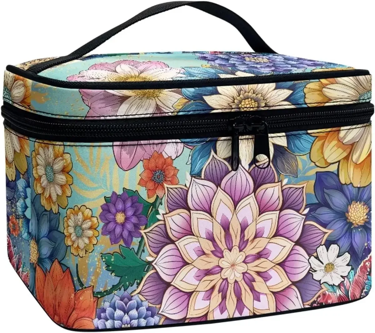 trousse polyester motif floral champignons poignée noire bleu jaune rouge vert voyage maquillage cosmétiques