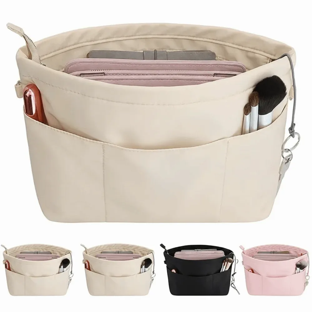 sac de rangement pour cosmétiques avec fermeture éclair, sac à main multifonctionnel à plusieurs poches, sac intérieur de couleur unie