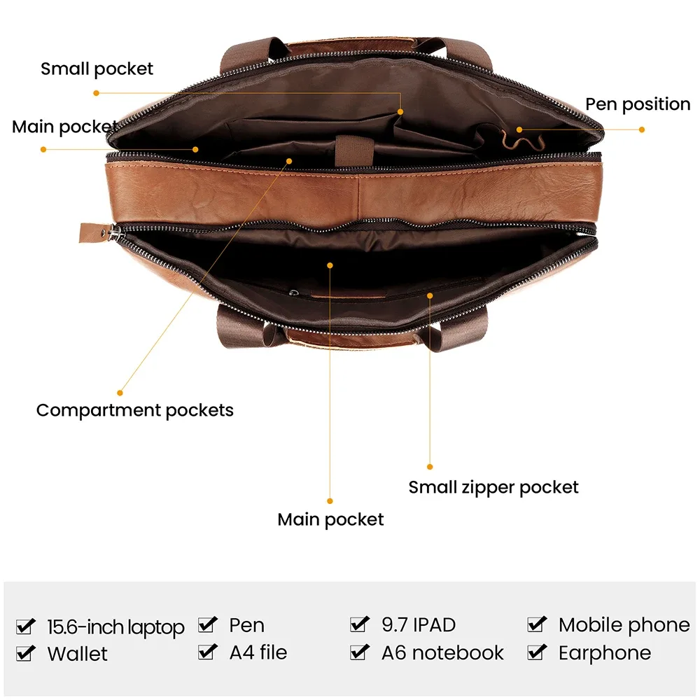 nesitu – porte-documents a4 en cuir véritable pour hommes, sac de messager d'affaires, pour ordinateur portable de 14 pouces, marron, noir, m6391