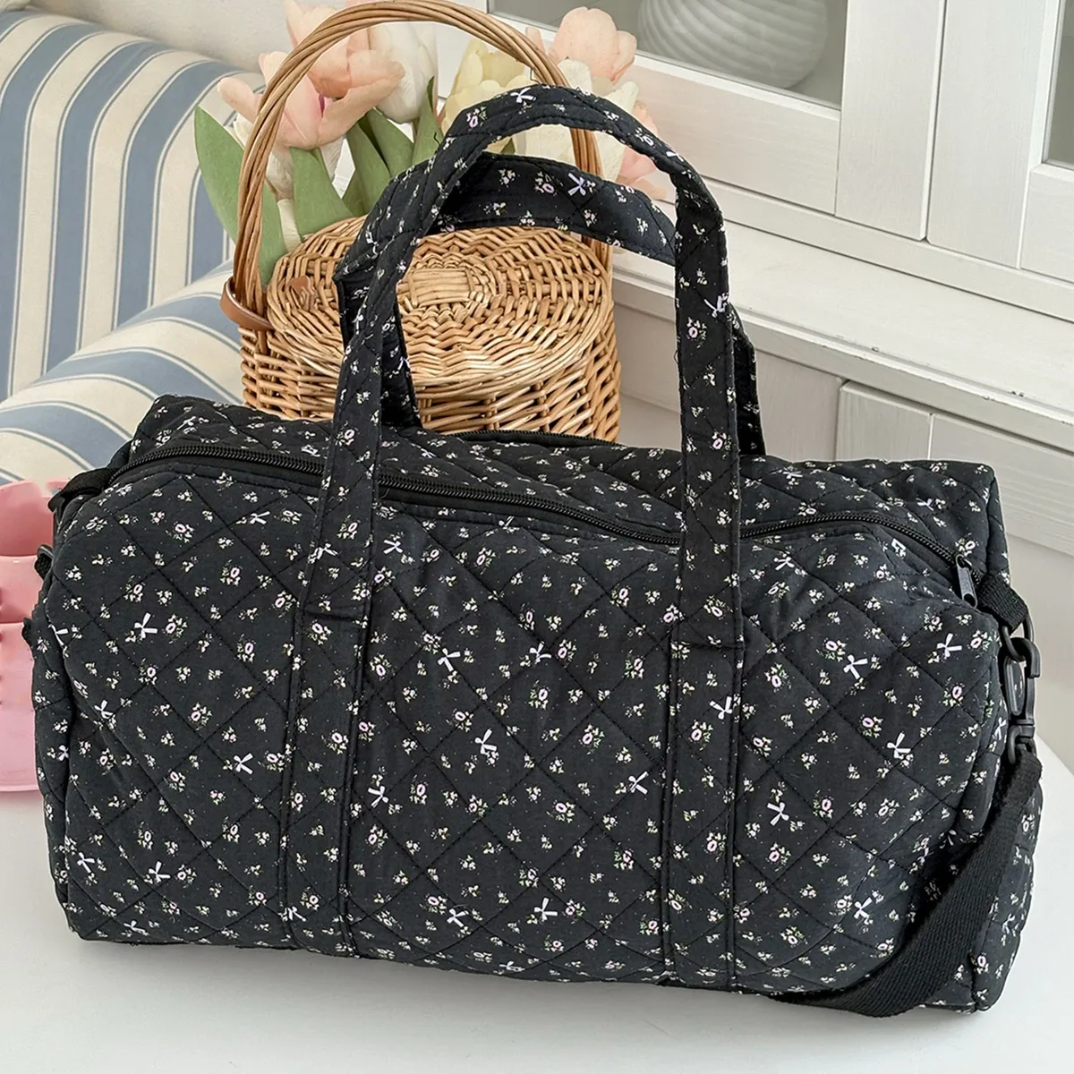 sac de voyage matelassé en coton avec fermeture éclair, sac de sport imprimé floral, sac de nuit pour femmes, voyage de week-end, shopping