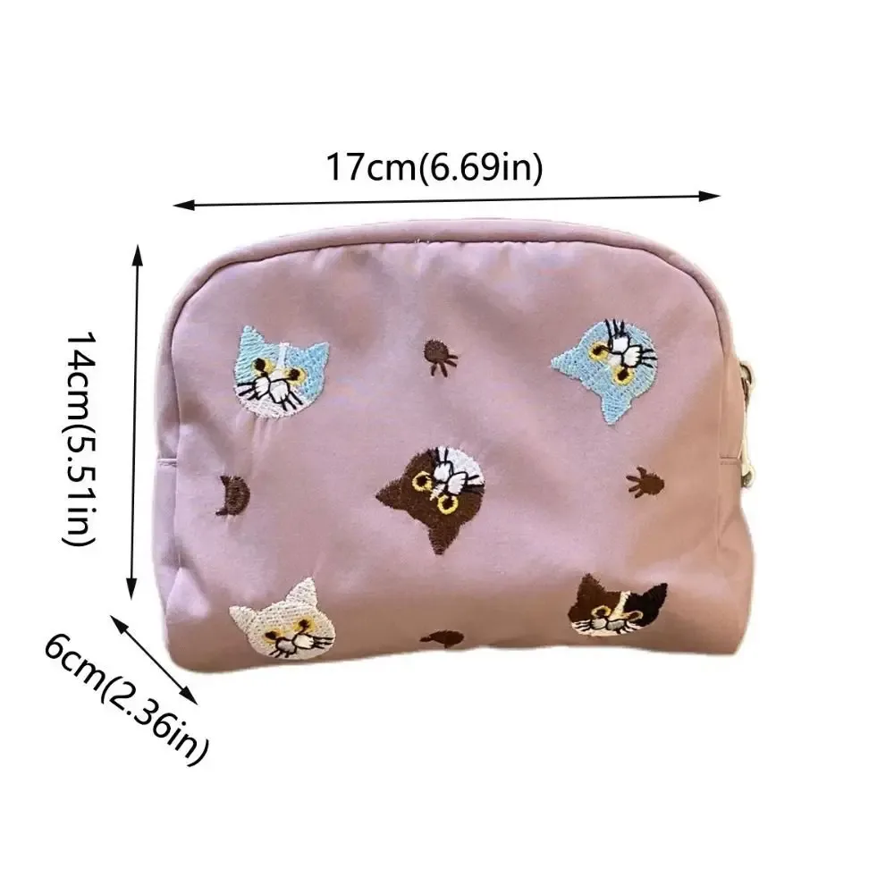 trousse de maquillage en nylon à fermeture éclair, motif chat brodé, pochette de rangement pour cosmétiques et rouges à lèvres