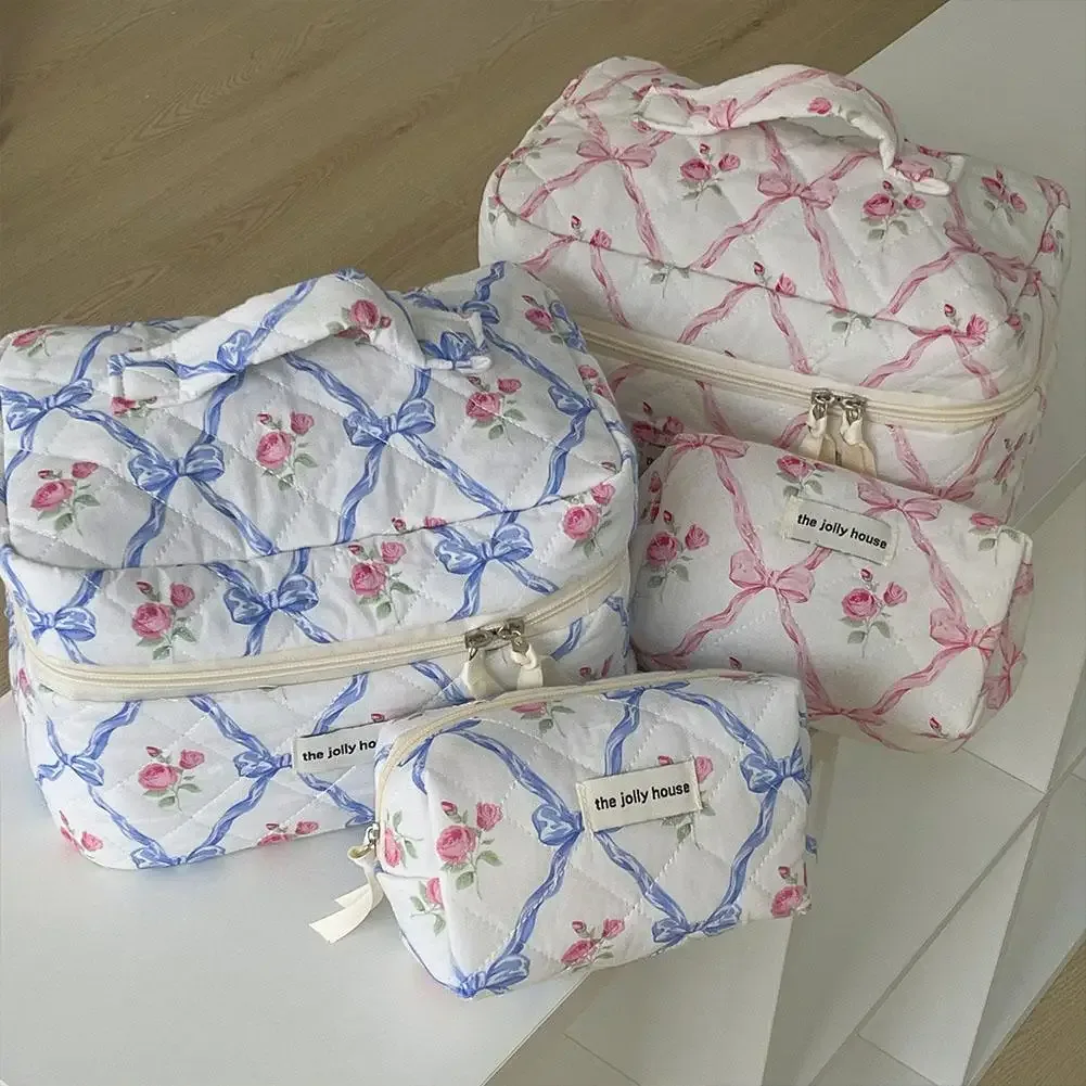 trousse de maquillage matelassurera pour femme, trousse de toilette portable pour filles, sac à main à glissière, mignon, nœud de fleur, évaluation cosmétique, grill féminin