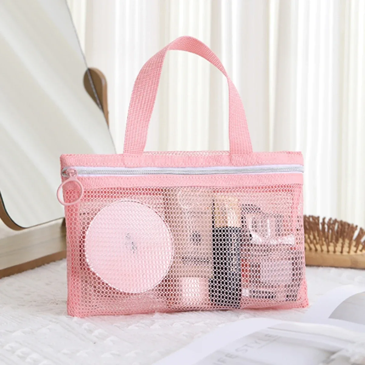 mini trousse de maquillage rose en maille multi-poches, sac de natation, sac de rangement de voyage portable, sac de bain portable, sac de plage, lot de 1