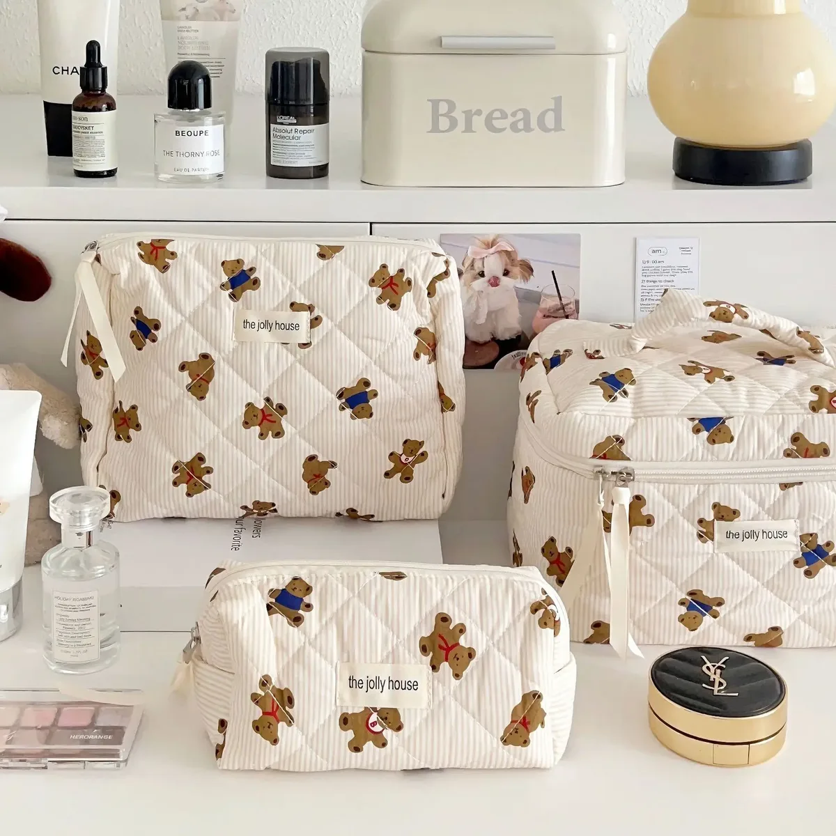 trousse de maquillage ours mignon, compartiments multicouches, organisateur de cosmétiques avec fermeture éclair, pochette de toilette de voyage portable pour femmes et filles