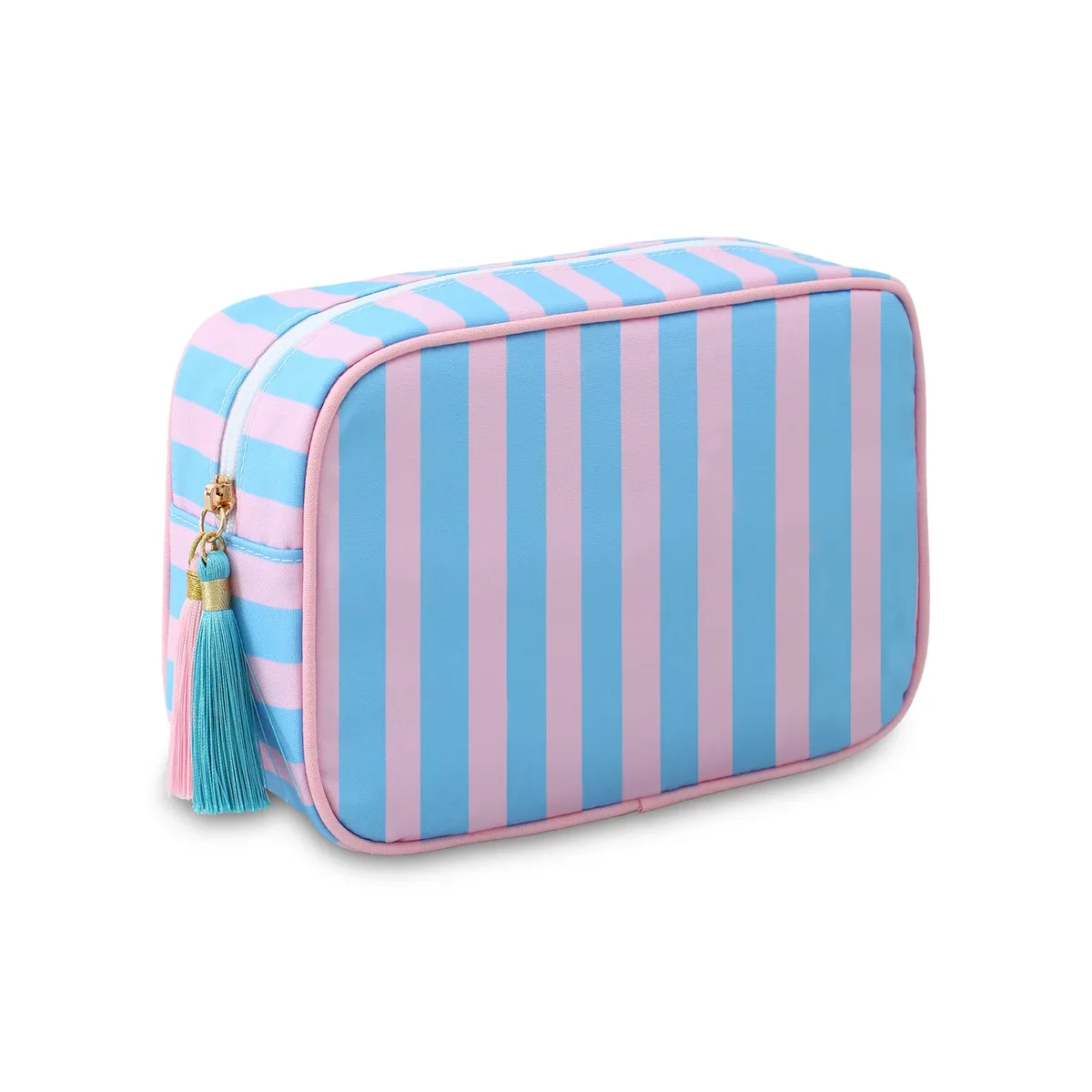 grand sac à cosmétiques portable rayé pour femmes, sac de maquillage à pompon avec fermeture éclair, pochette de rangement de grande capacité