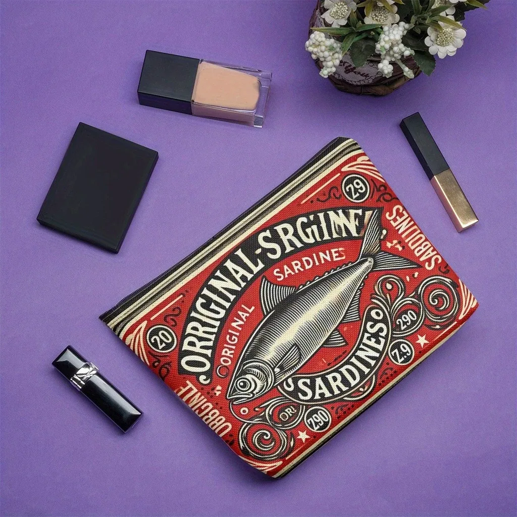 sac de maquillage en lin exquis, 1 pièce, sardines vintage, peut concevoir un sac de maquillage | organisateur cosmétique organisateur de toilette de voyage, cadeau unique pour les femmes