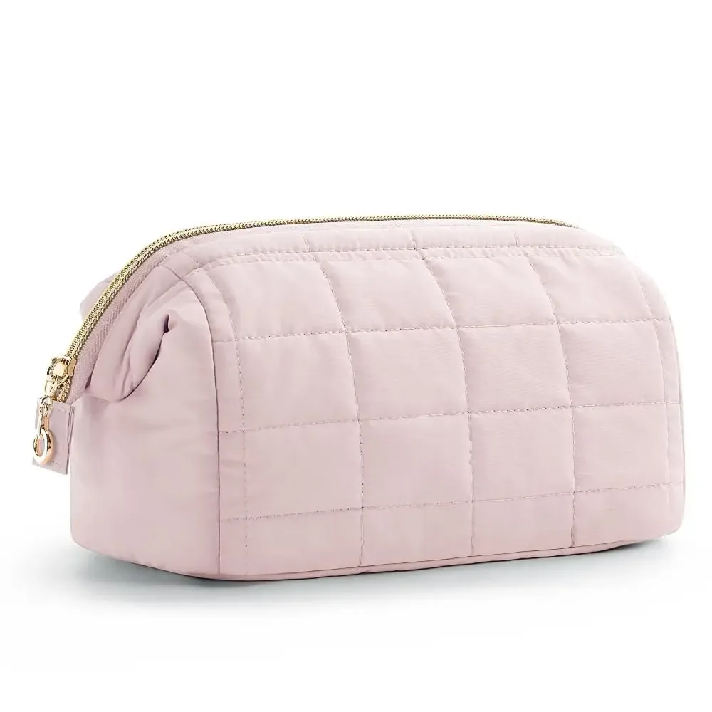 sac à cosmétiques de voyage rembourré bouffant, trousse de maquillage de grande capacité de couleur unie, trousse de maquillage à large ouverture pour femmes, trousse de toilette