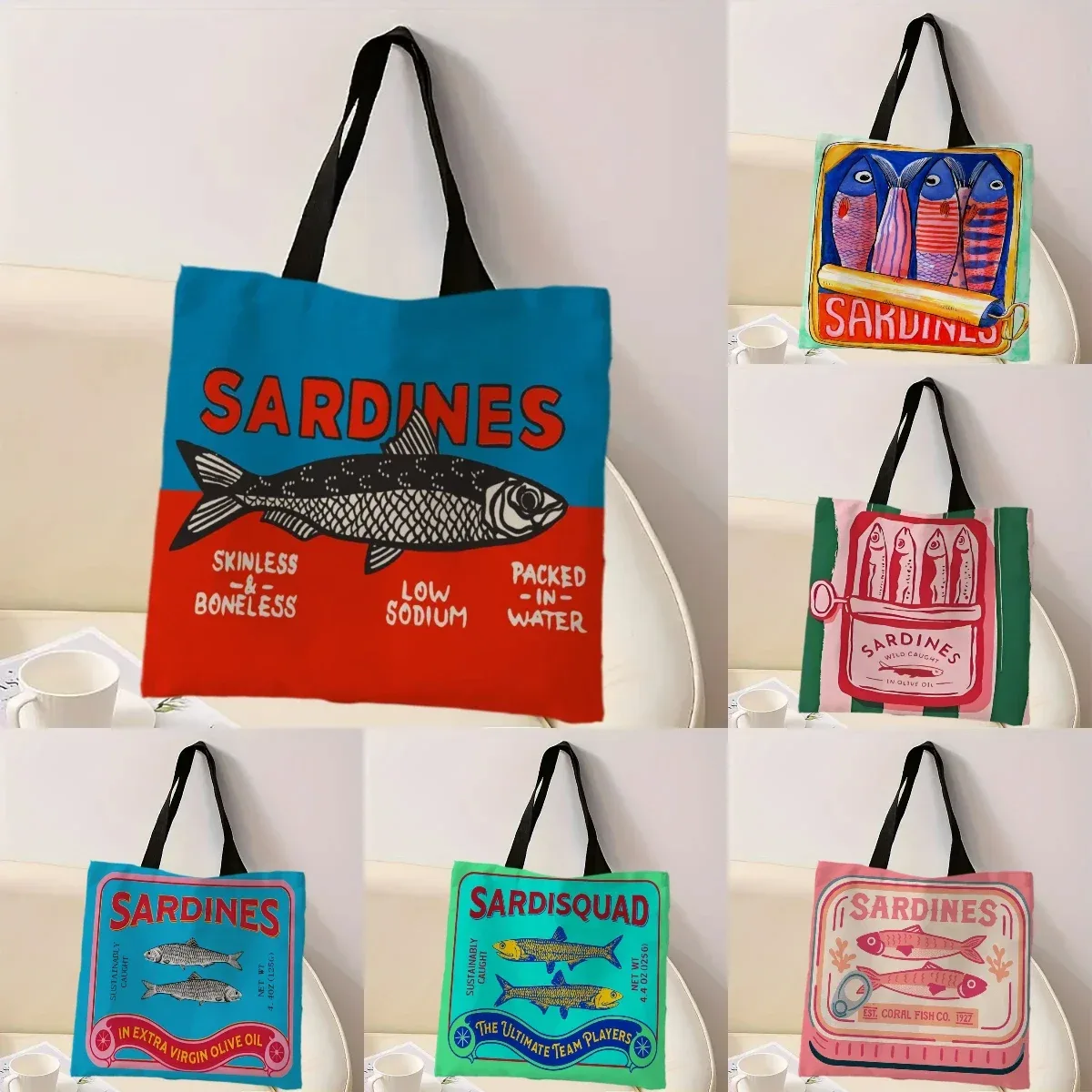 sac à main décontracté imprimé de sardines colorées à la mode, sac à dos réutilisable à la mode, sac fourre-tout multifonctionnel, sac de courses en polyester