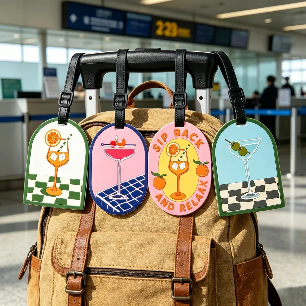 étiquette de bagage en caoutchouc souple à thème cocktail rétro, avec double fonction de prévention de la perte de bagages et d'esthétique décorative