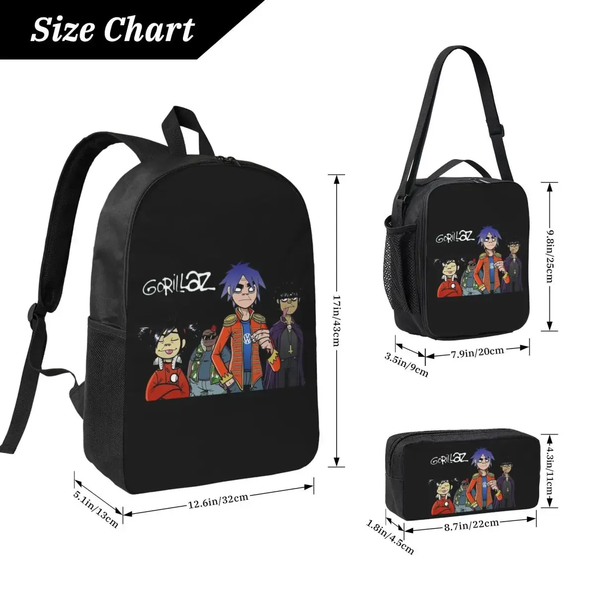 gorillaz sac à dos étudiant garçons filles bookbag sac d'école ordinateur sacs à bandoulière 3ps sac à déjeuner isolé trousse à crayons