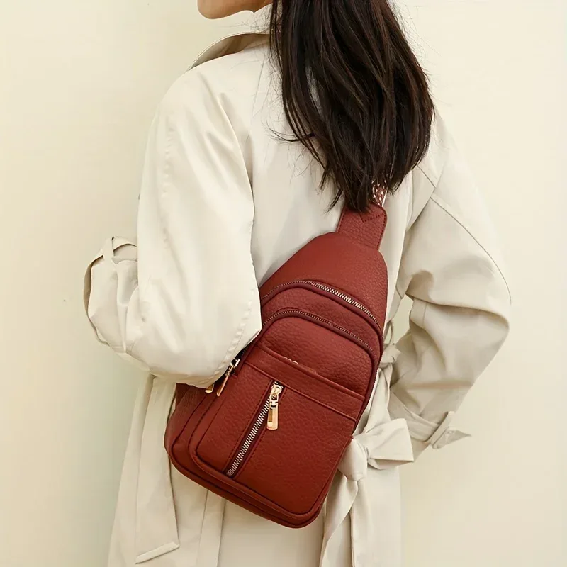 sac à bandoulière rétro chic en cuir pu souple, multifonctionnel, plusieurs poches à fermeture éclair, polyvalent pour les loisirs et le dehors