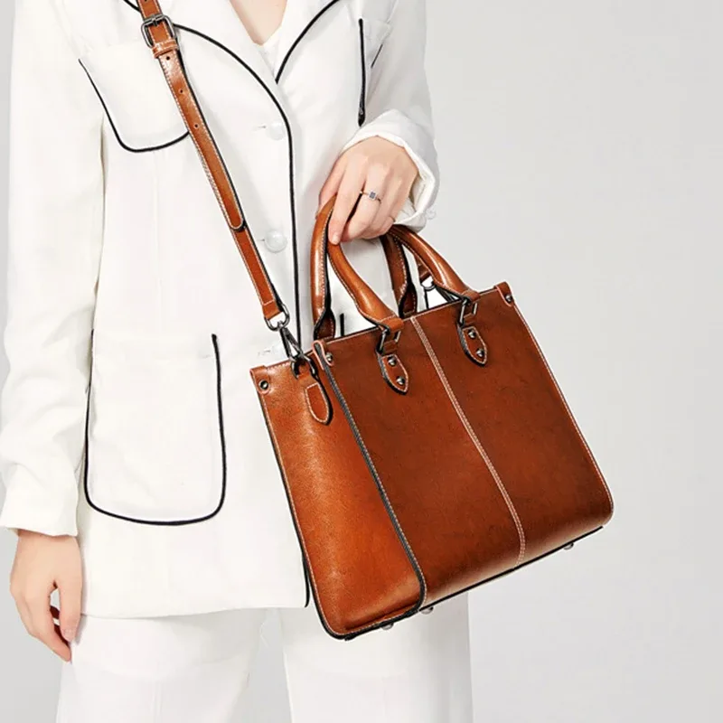 sac fourre-tout en cuir de vachette véritable pour femme, sac à main à poignée supérieure en cuir véritable, sac à bandoulière messager élégant pour le bureau et le shopping