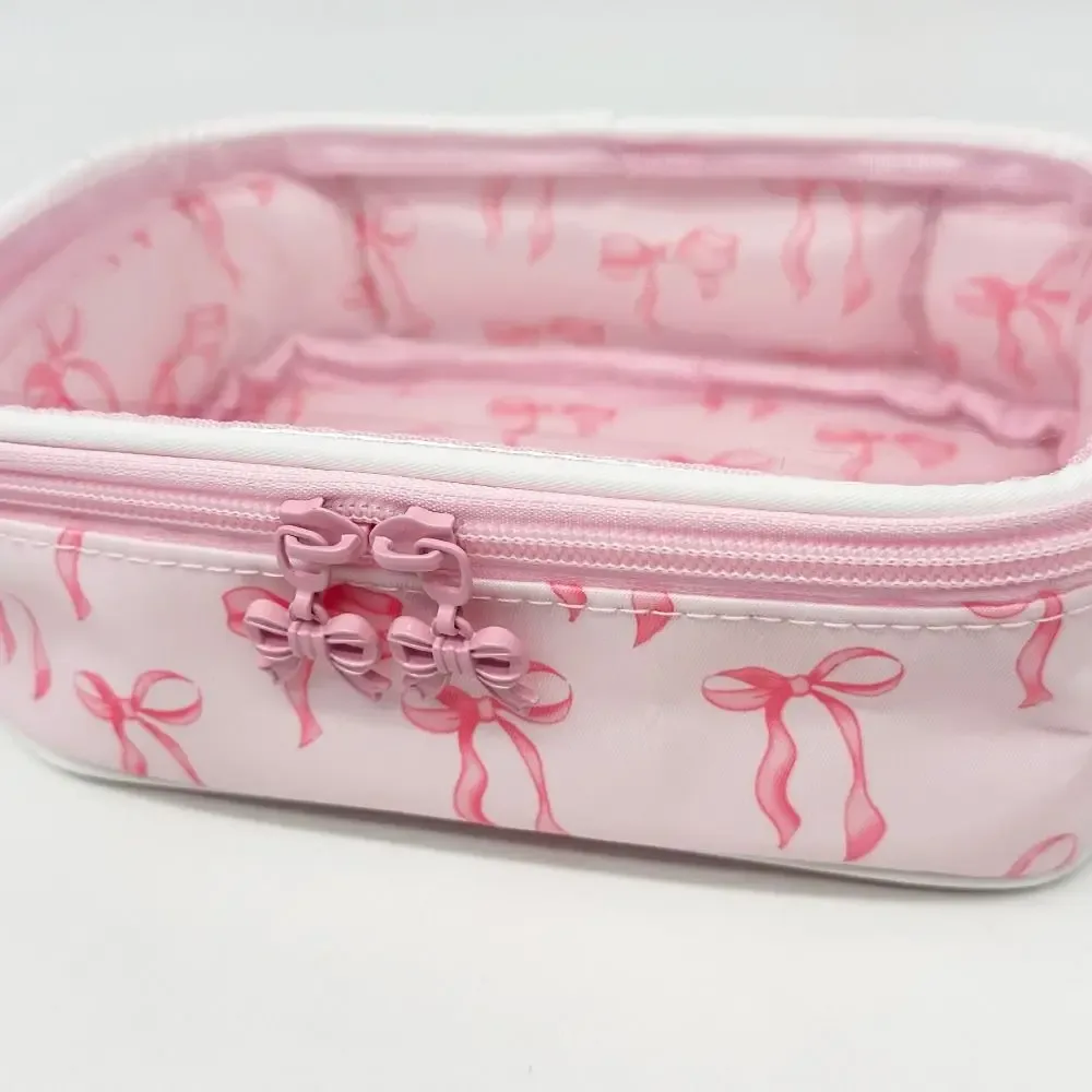 sac de maquillage polyvalent en pvc transparent avec fermeture éclair, sac à cosmétiques imprimé nœud, trousse de toilette de grande capacité pour femmes et filles