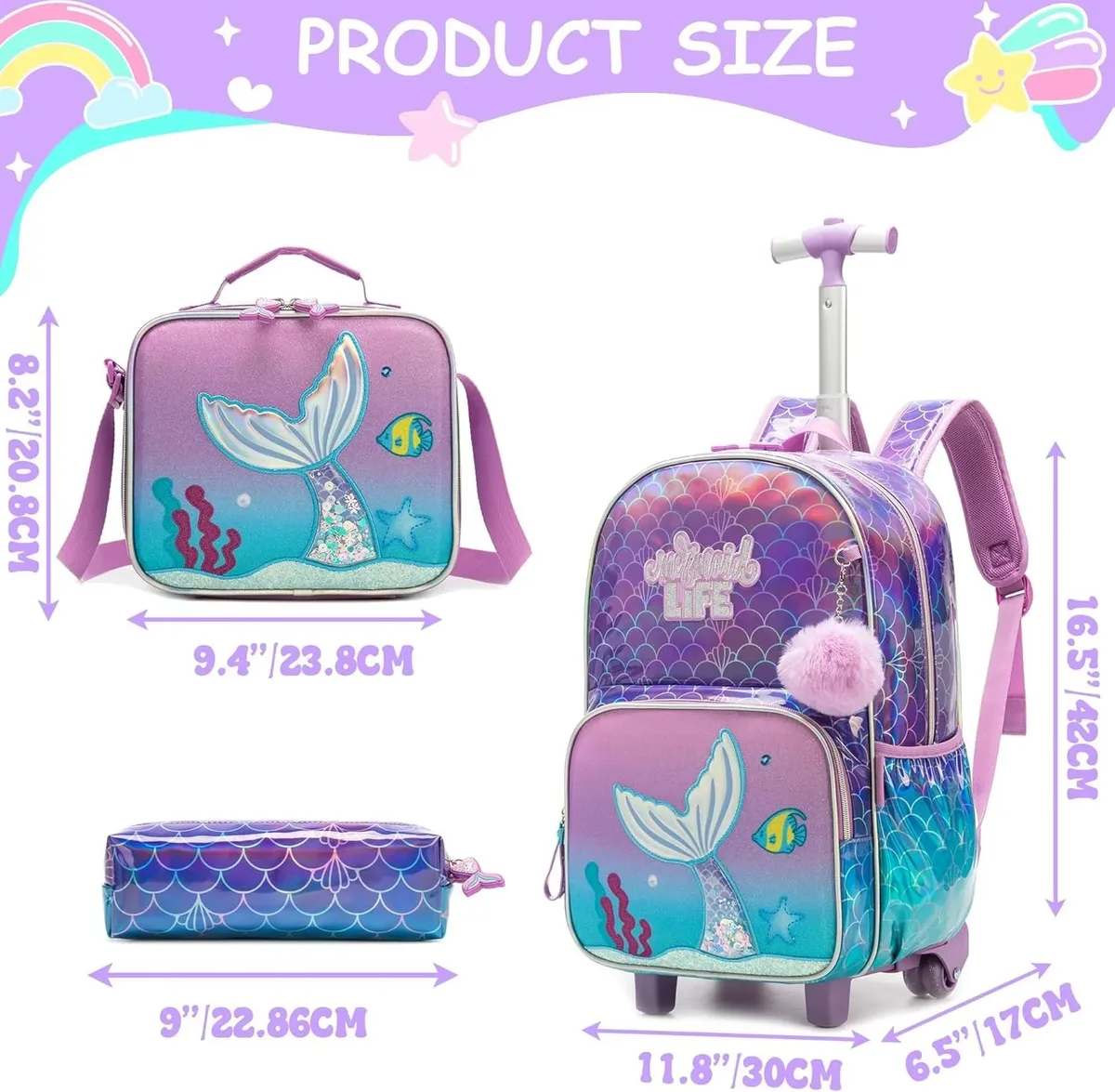 Sac Dos Polyester Dessin Animé Rose Bleu Queue Sirène Poissons Ordinateur Compartiments Roues Silencieuses École Enfants