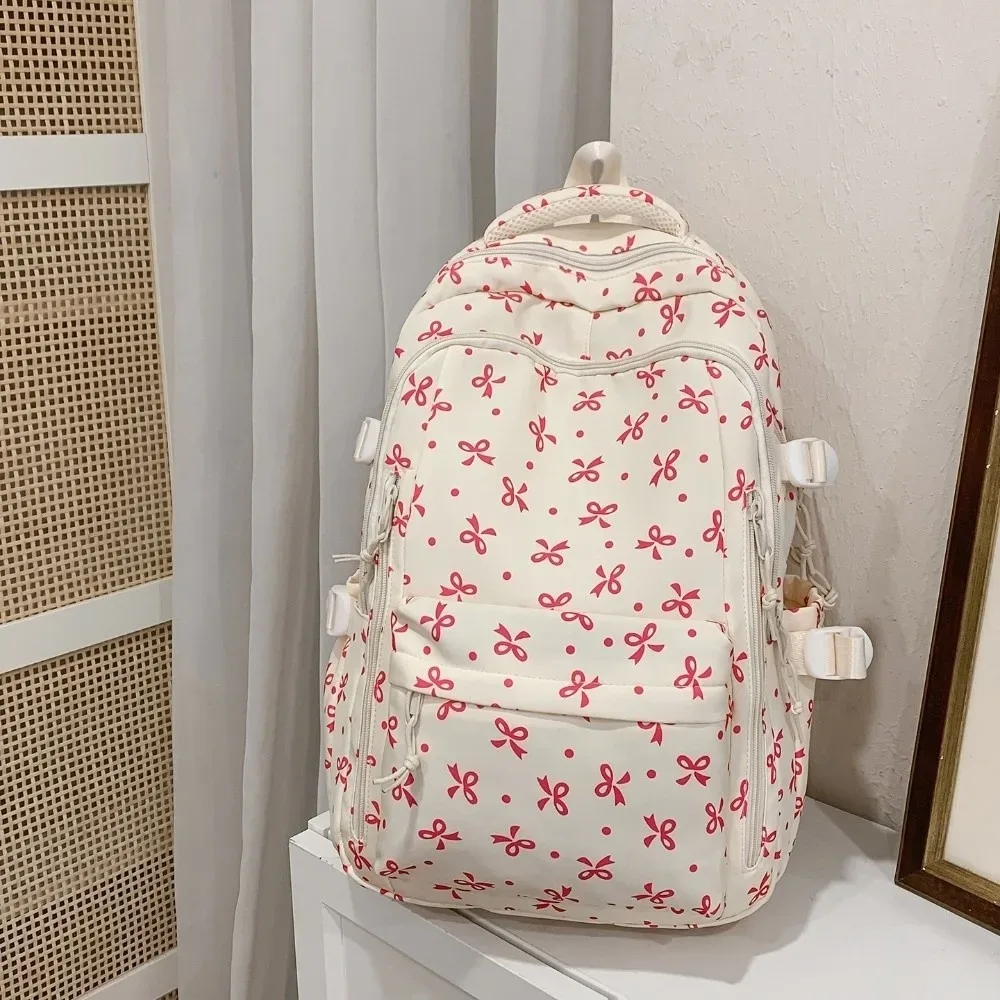 sac à dos mignon à imprimé floral de grande capacité, multi-poches, motif de nœud épaissi, sac d'école léger et durable, sac à dos de voyage