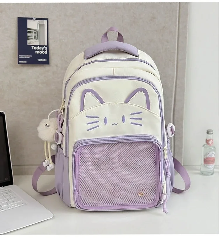 sac à dos imprimé chat kawaii pour adolescentes, sac d'école imperméable de grande capacité, sac à dos de voyage mignon de couleur contrastée avec pendentif en peluche