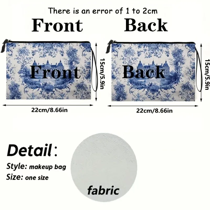 pochette de maquillage de style château français avec imprimé vintage classique et motif en porcelaine double face, pochette de rangement pratique pour voyage avec dragonne
