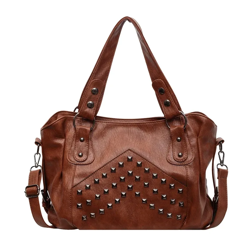 sacs à main rivet punk grande capacité, sacs fourre-tout décontractés en cuir souple de qualité supérieure, sacs à bandoulière pour le quotidien, les trajets et les voyages